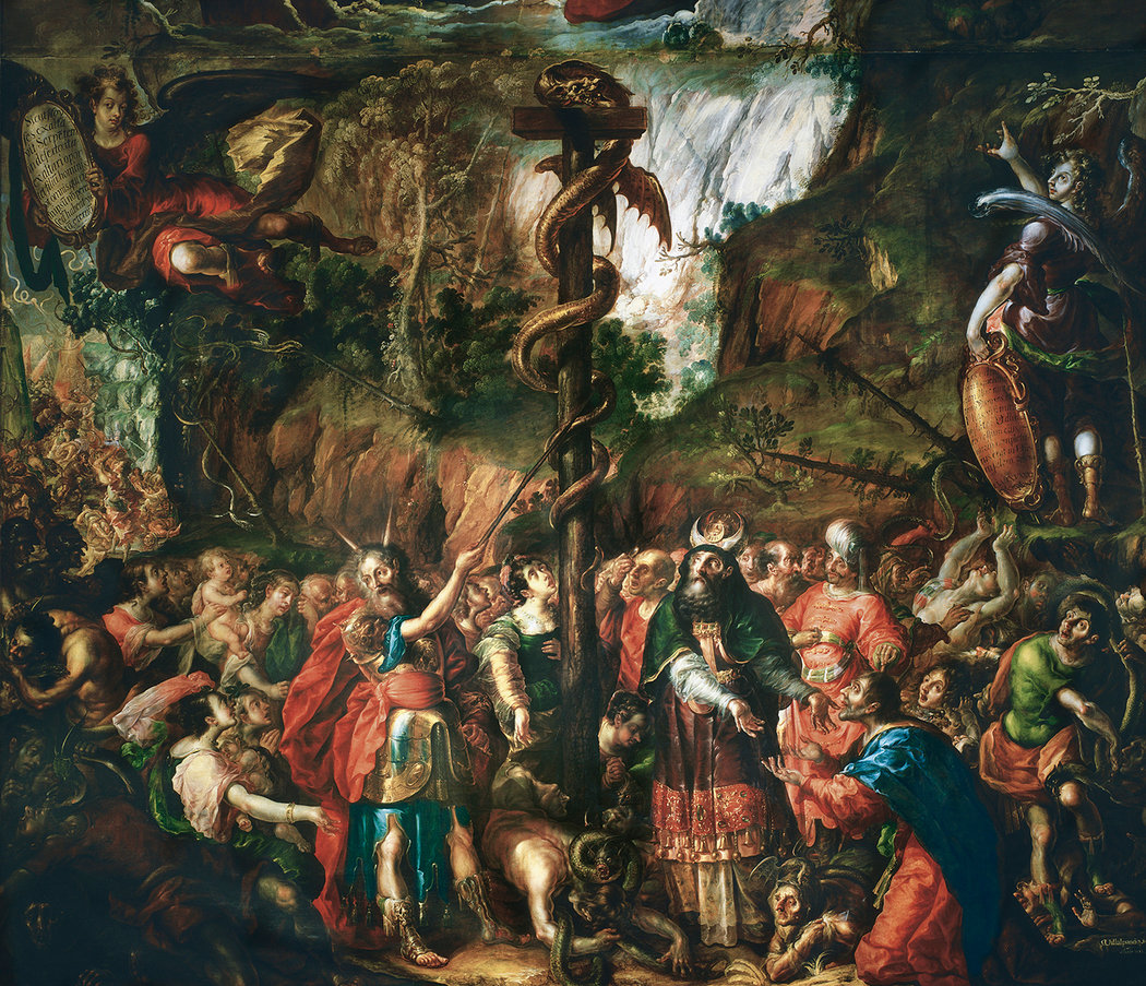 Un detalle de Moisés y la serpiente de bronce y la Transfiguración de Jesús, de 1683, pintor mexicano Cristóbal de Villalpando