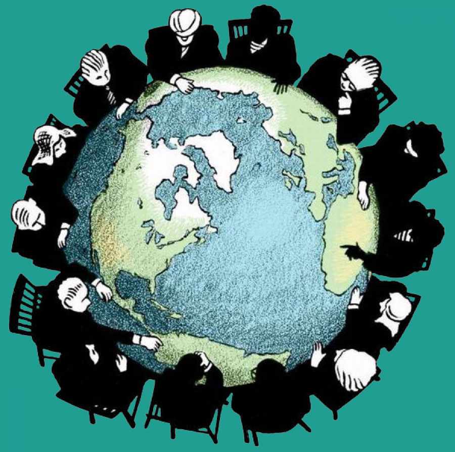 Globalización, perosnas a rededor del mundo, sentados rodeando el mundo