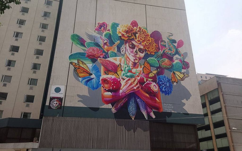 Mural de la Catrina en fachada de hotel, Ciudad de México
