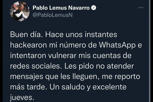 Hackean número de WhatsApp de Pablo Lemus
