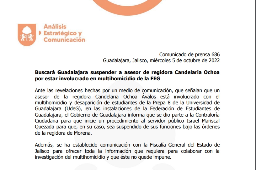 GDL va por suspensión de asesor de Candelaria Ochoa por multihomicidio de la FEG
