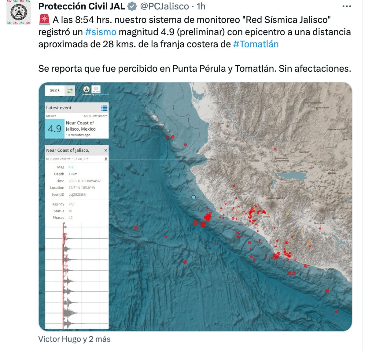 Sismo de 4.9 sacude la Costa de Tomatlán, no hay afectaciones
