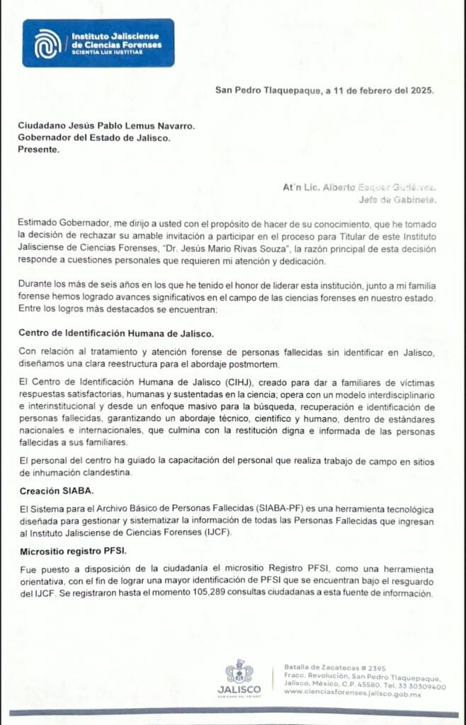 Quezada Esparza rechaza invitación de Lemus para dirigir el IJCF