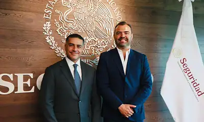El presidente municipal, Gerardo Quirino Velázquez, y el secretario de Seguridad y Protección Ciudadana del Gobierno Federal, Omar García Harfuch.