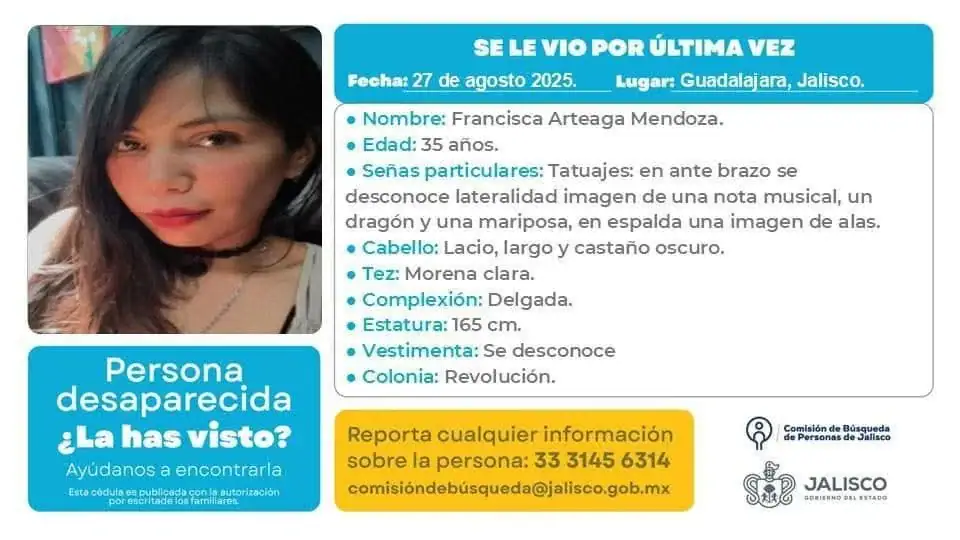 Fiscalía de Jalisco localiza a artista reportada como desaparecida.