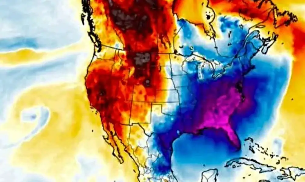 Clima extremo en América del Norte con temperaturas cálidas y frías representadas en el mapa.