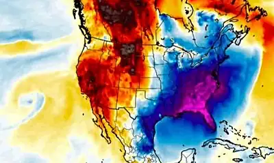 Clima extremo en América del Norte con temperaturas cálidas y frías representadas en el mapa.