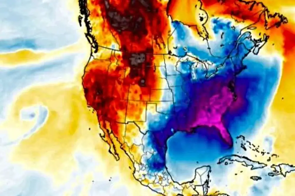 Clima extremo en América del Norte con temperaturas cálidas y frías representadas en el mapa.