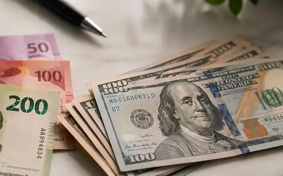 Billetes de dólares estadounidenses y pesos mexicanos ilustran el precio del dólar este jueves 30 de julio de 2026.