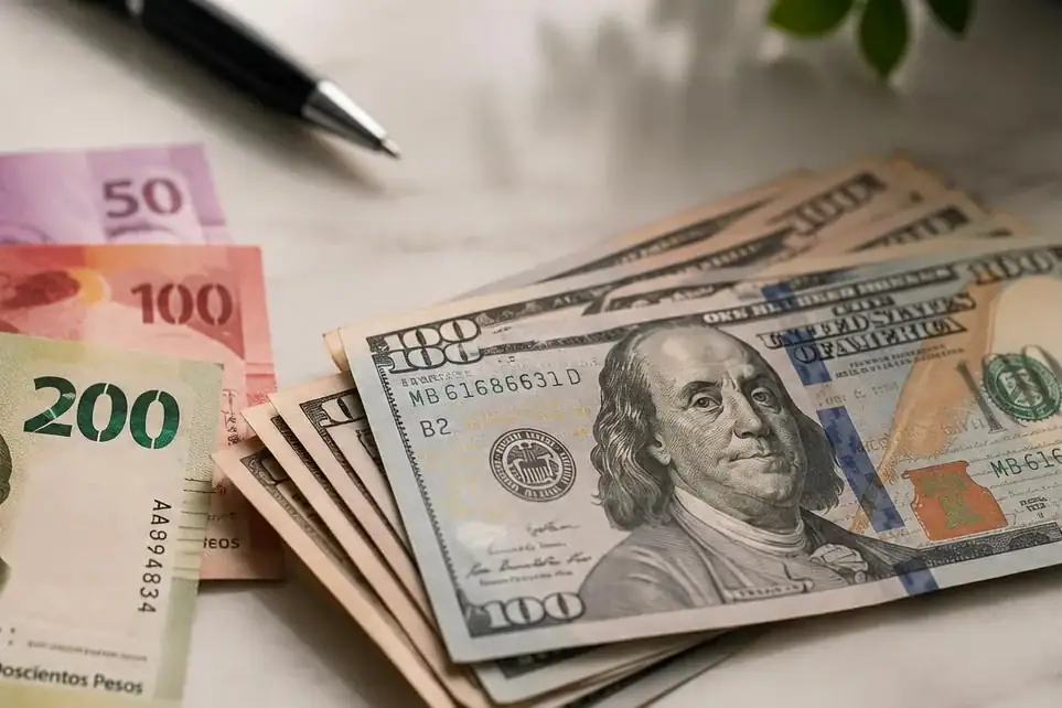 Billetes de dólares estadounidenses y pesos mexicanos ilustran el precio del dólar este jueves 30 de julio de 2026.