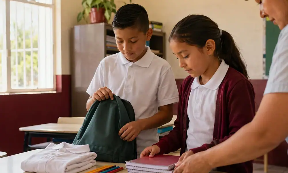 Estudiantes de primaria preparan uniformes y útiles escolares en un salón de clases.