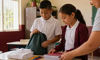 Estudiantes de primaria preparan uniformes y útiles escolares en un salón de clases.