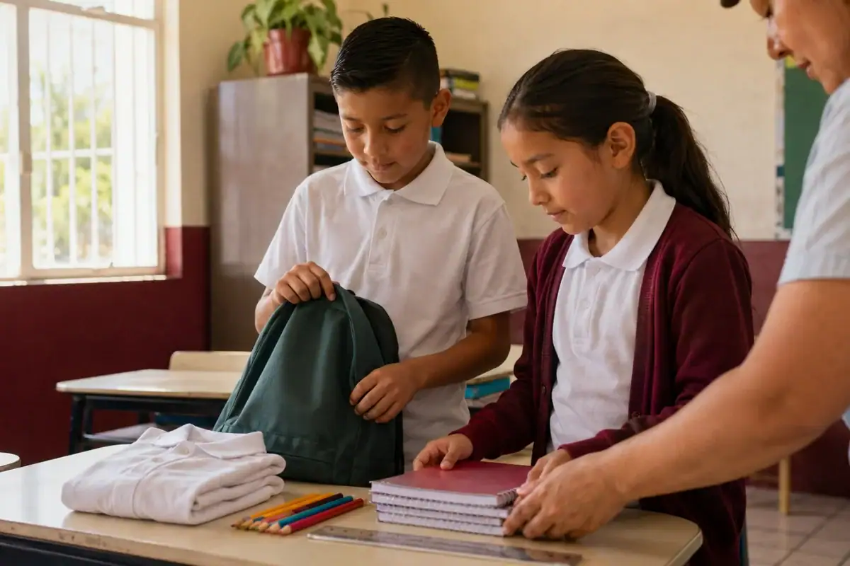 Estudiantes de primaria preparan uniformes y útiles escolares en un salón de clases.