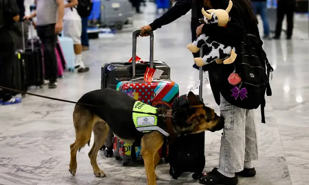 Un binomio canino inspecciona equipajes en un aeropuerto de Jalisco para detectar productos que podrían representar riesgos fitozoosanitarios.