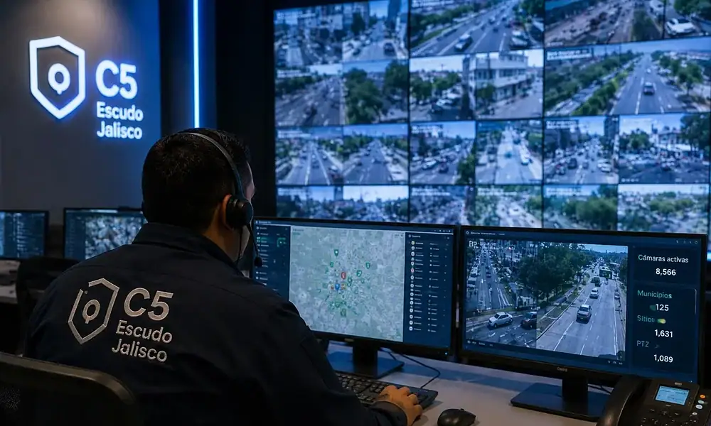 Personal del C5 Escudo Jalisco monitorea cámaras de videovigilancia y sistemas de atención de emergencias.