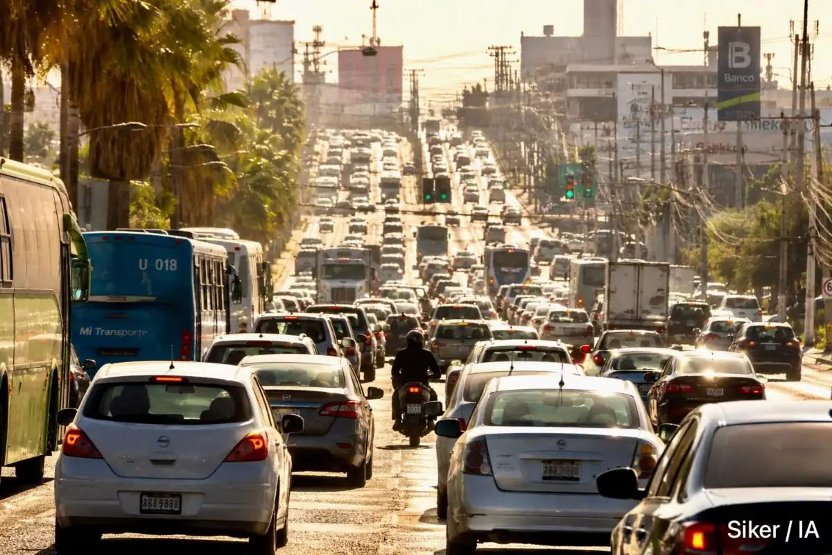 Vehículos circulan por una avenida de Jalisco durante el programa de descuentos para regularizar adeudos.