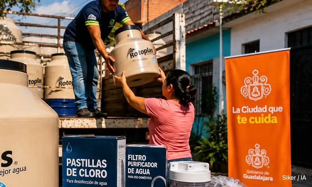 Entrega de tinacos y materiales para almacenar y tratar el agua en viviendas de Guadalajara.