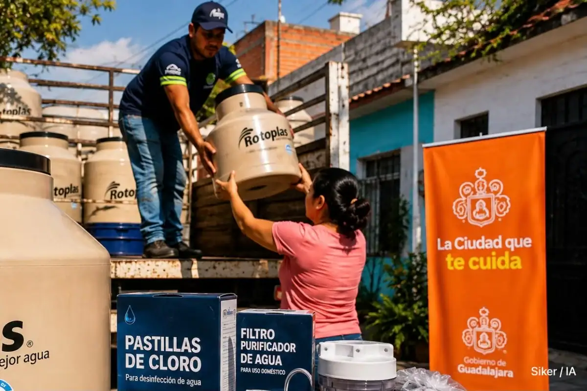 Entrega de tinacos y materiales para almacenar y tratar el agua en viviendas de Guadalajara.