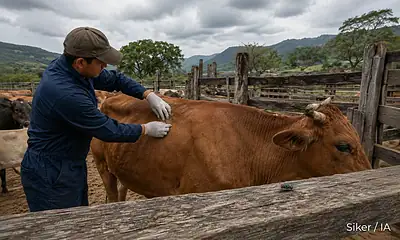 Veterinario inspecciona ganado ante los casos de gusano barrenador en Jalisco.