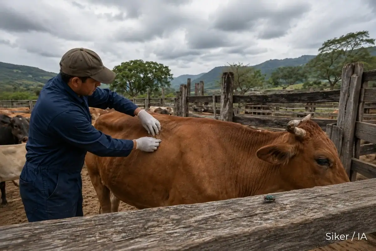 Veterinario inspecciona ganado ante los casos de gusano barrenador en Jalisco.