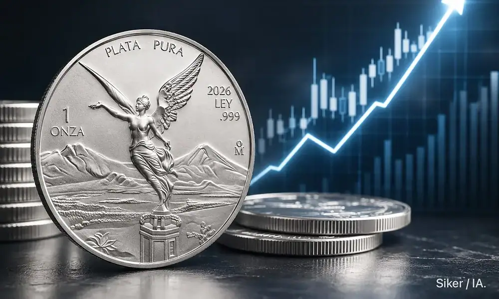 Onza de plata Libertad junto a monedas de inversión durante una jornada de aumento en el precio internacional del metal.