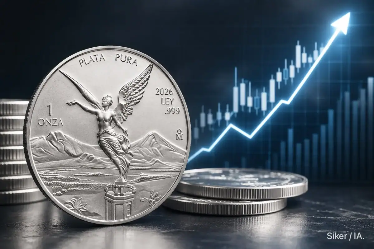 Onza de plata Libertad junto a monedas de inversión durante una jornada de aumento en el precio internacional del metal.