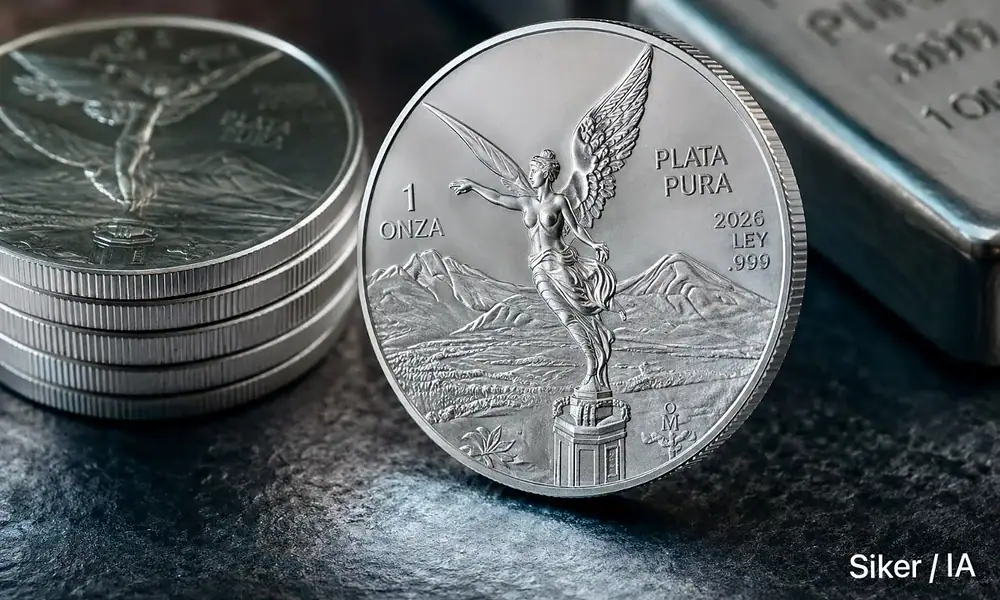 Onza de plata Libertad junto a pesos y dólares durante una semana de alzas en el mercado internacional de metales.