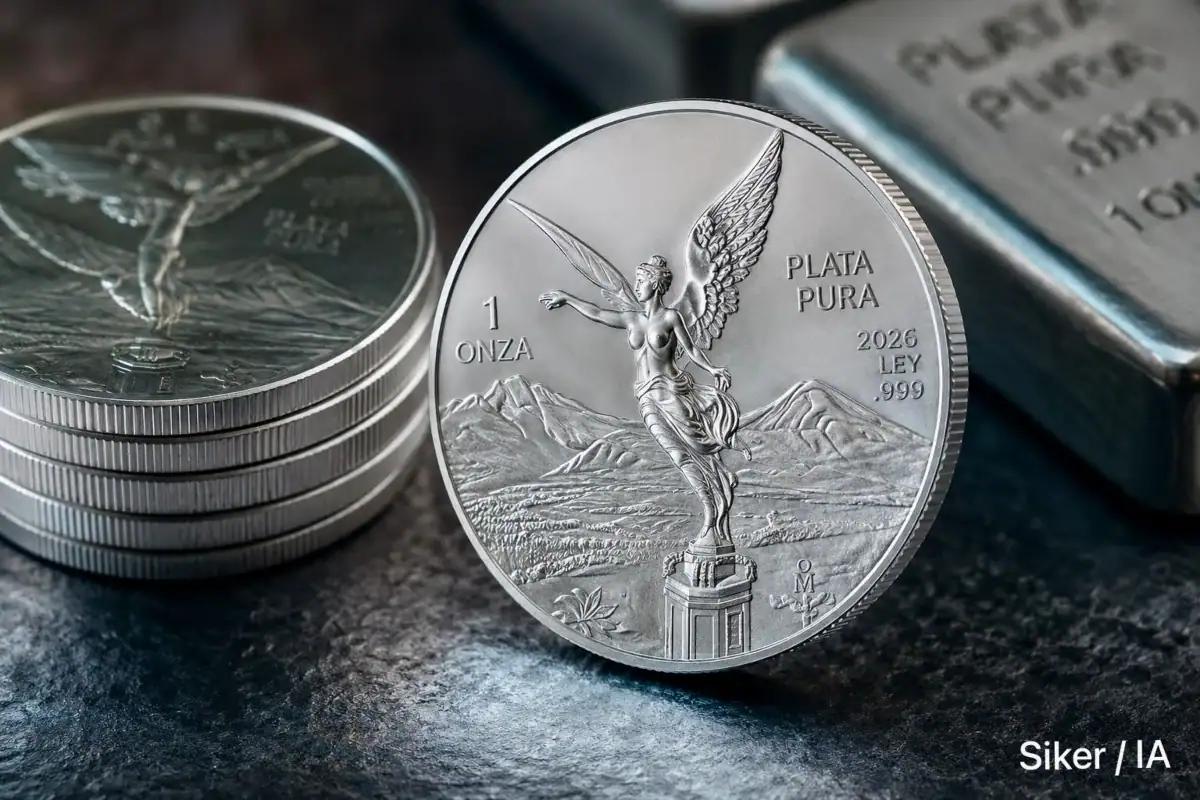 Onza de plata Libertad junto a pesos y dólares durante una semana de alzas en el mercado internacional de metales.
