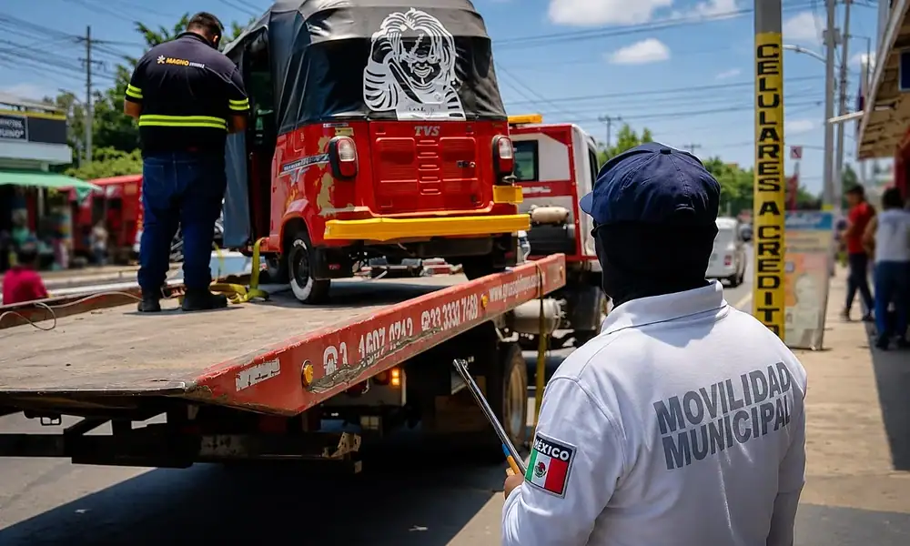 Elementos de Movilidad y de la Policía de Tlajomulco inspeccionan motocicletas y mototaxis durante un operativo de ordenamiento vial en el municipio.