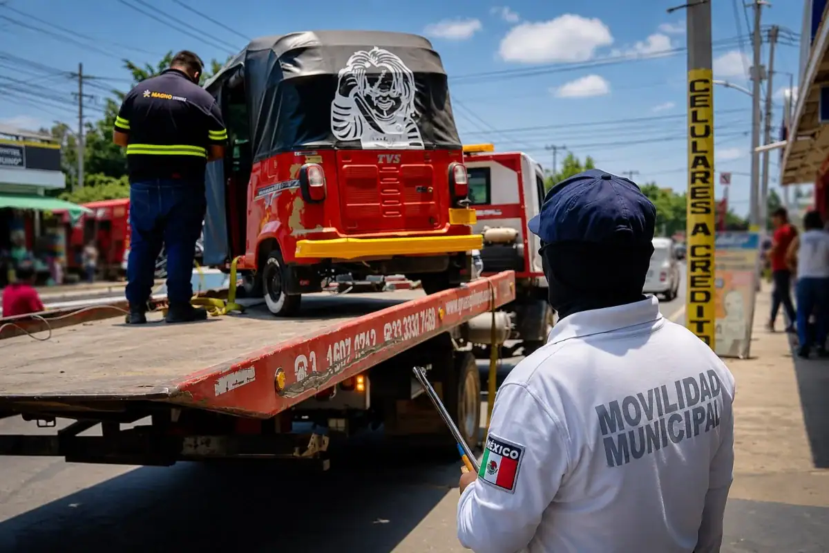 Elementos de Movilidad y de la Policía de Tlajomulco inspeccionan motocicletas y mototaxis durante un operativo de ordenamiento vial en el municipio.