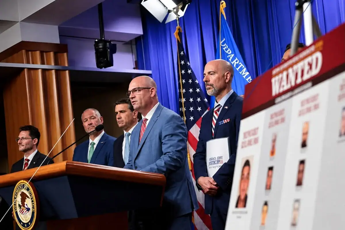 Autoridades de Estados Unidos presentan fotografías de presuntos integrantes del CJNG buscados por delitos de narcotráfico y fraude.
