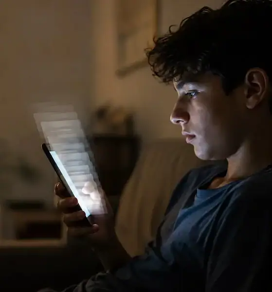 Un adolescente utiliza un teléfono celular mientras navega en redes sociales, en una imagen que ilustra el debate sobre el scroll infinito, advierte la SEP
