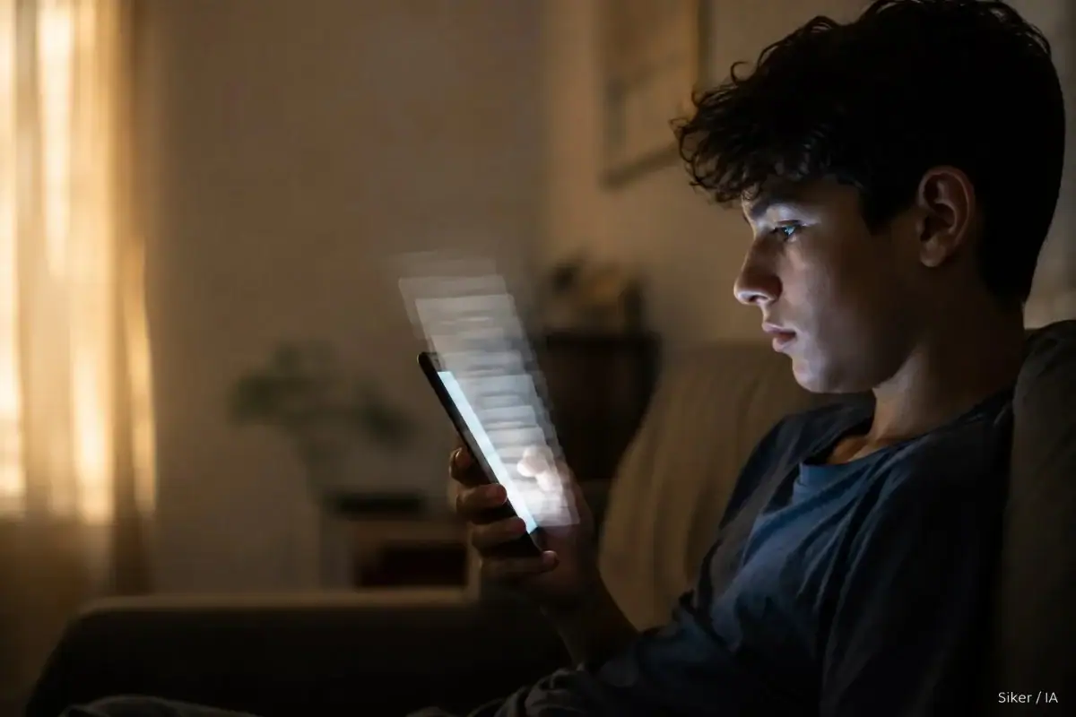 Un adolescente utiliza un teléfono celular mientras navega en redes sociales, en una imagen que ilustra el debate sobre el scroll infinito, advierte la SEP