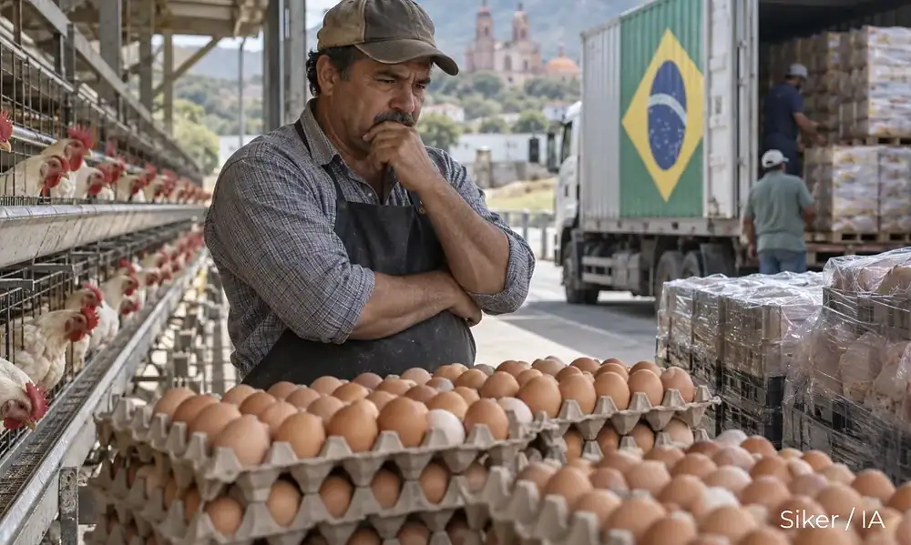 Productor avícola entre gallinas y huevo ante importaciones de pollo de Brasil
