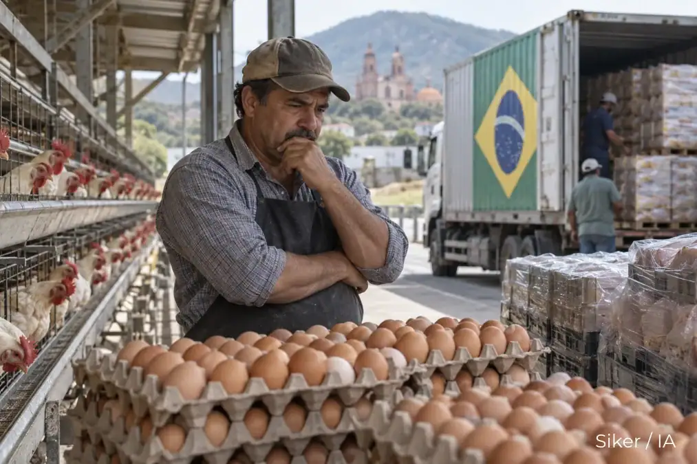 Productor avícola entre gallinas y huevo ante importaciones de pollo de Brasil