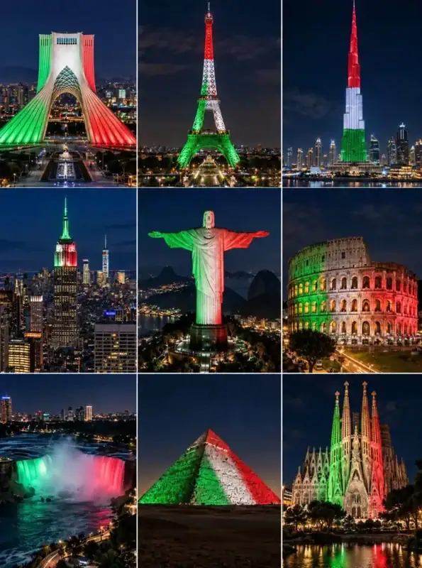 Collage viral de monumentos supuestamente iluminados por México en 2026