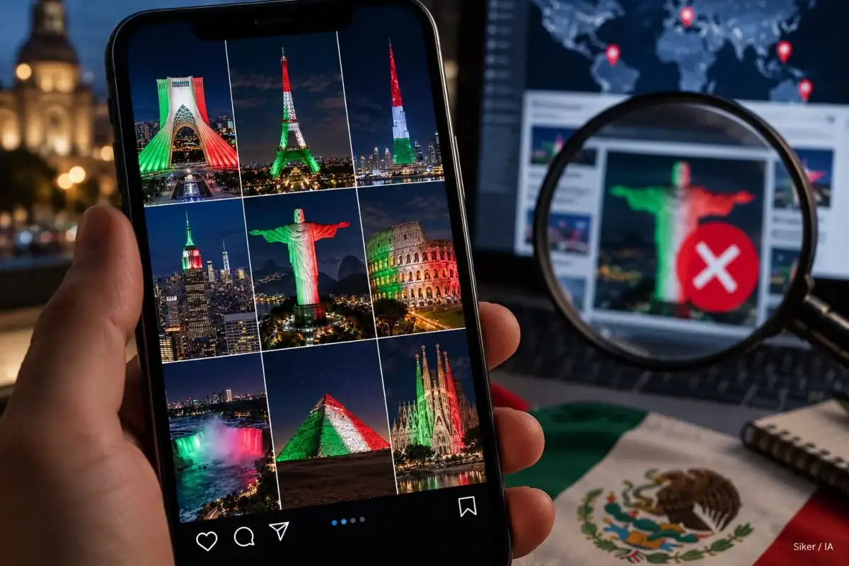 Collage viral de monumentos supuestamente iluminados por México en 2026