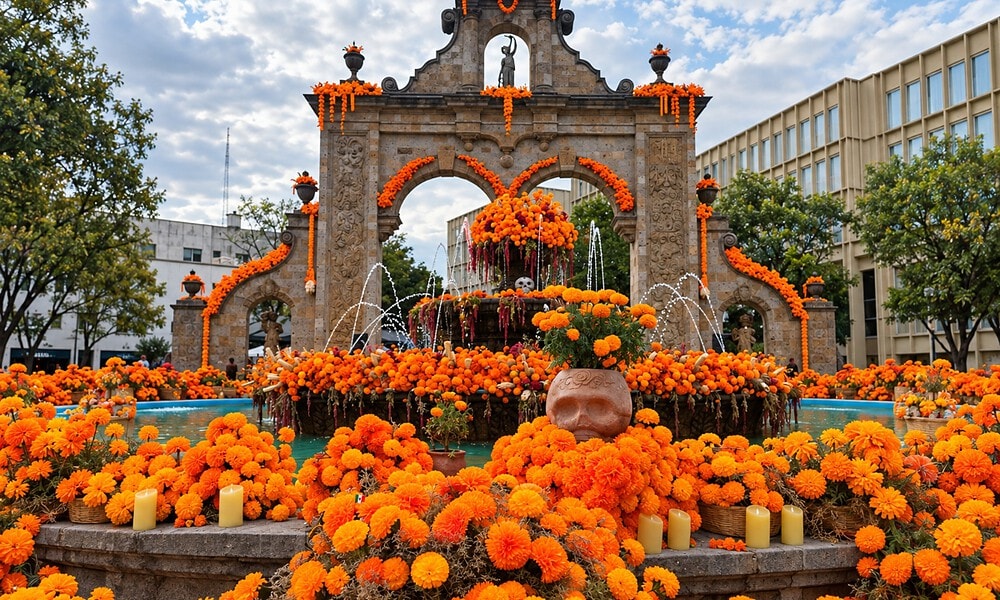 Arcos de Zapopan decorados con flores de cempasúchil y elementos de maíz durante el Festival de las Almas 2026.