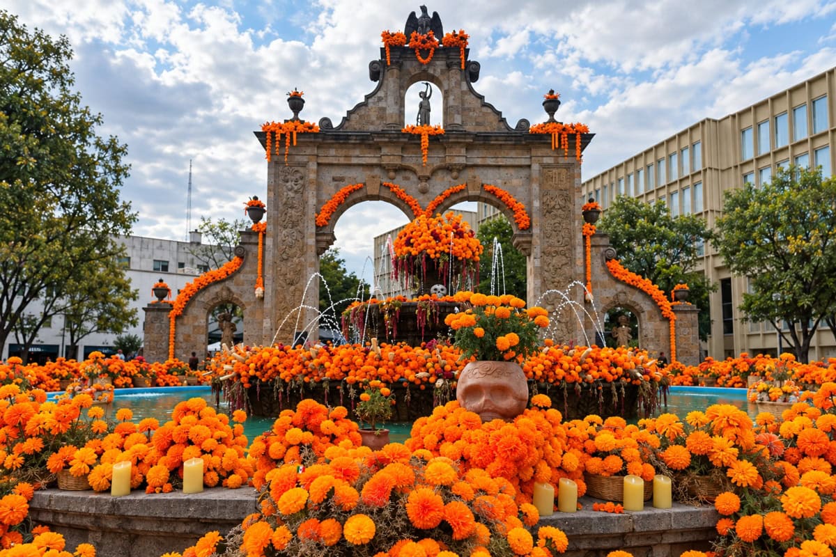Arcos de Zapopan decorados con flores de cempasúchil y elementos de maíz durante el Festival de las Almas 2026.