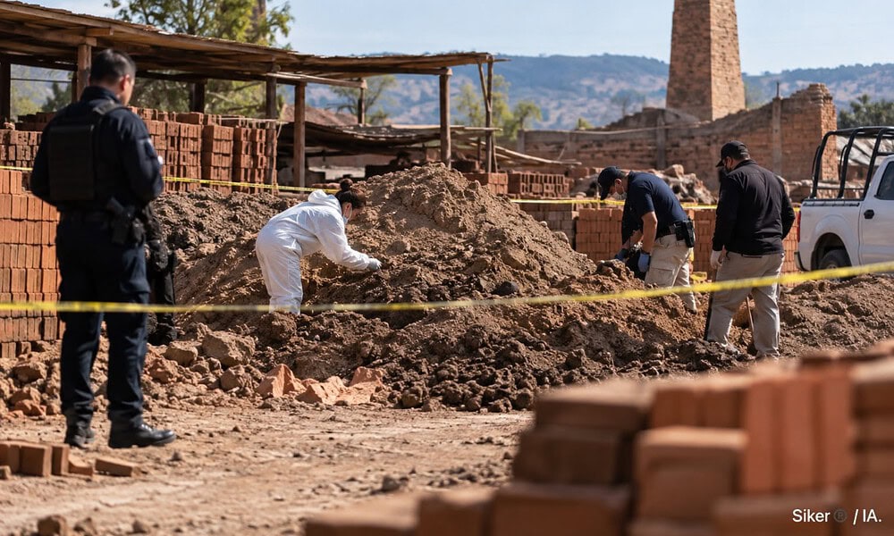 Ladrillera de Atotonilco el Alto donde autoridades investigan el hallazgo de restos humanos entre cargas de tierra.