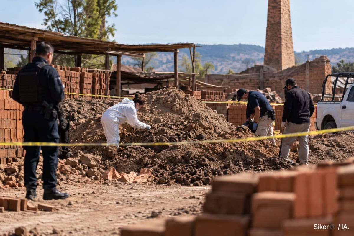 Ladrillera de Atotonilco el Alto donde autoridades investigan el hallazgo de restos humanos entre cargas de tierra.