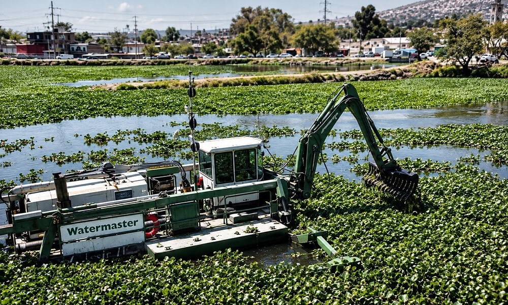 Trabajos de desazolve y saneamiento en la presa Las Pintas para mejorar la calidad del agua en Guadalajara.