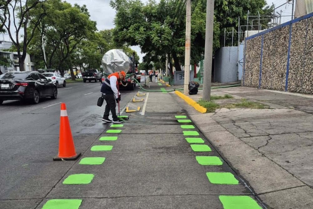 Personal de Movilidad de Guadalajara realiza trabajos de limpieza y mantenimiento en una ciclovía de avenida Agustín Yáñez