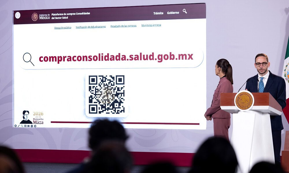Presidenta Claudia Sheinbaum durante la presentación de resultados de la compra consolidada de medicamentos e insumos médicos.