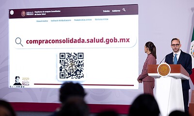 Presidenta Claudia Sheinbaum durante la presentación de resultados de la compra consolidada de medicamentos e insumos médicos.
